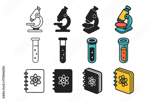 Science Project Icons. Icon Set of School Science Project: Microscope, Test tube, Science notebook. Icons set in vector style, emblematic variations.