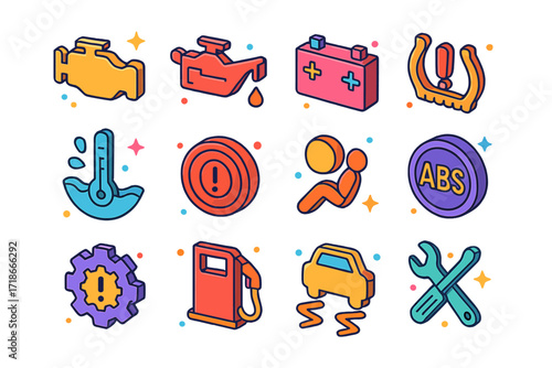 Maintenance Alert Icon Set. Colorful isometric vector icons set of maintenance alert lights: check engine light, oil pressure warning, battery alert, tire