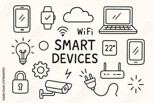 Smart Device Doodle Icons. Hand-drawn doodle illustration Smart devices and IoT [smartphone, smartwatch, smart speaker, wifi symbol, cloud, laptop, tablet,