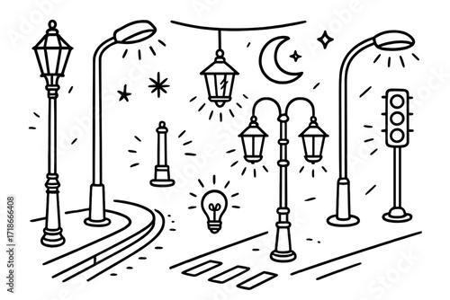 Doodle Street Lamps. Hand-drawn doodle illustration Street Lamps classic lamp post, modern street light, hanging lantern, double-head lamp, curved pole, light