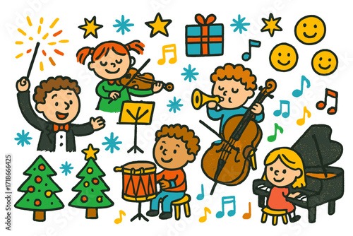 Festive Children?s Orchestra. Colorful Hand-drawn doodle Children illustration Orchestra Holiday Show [conductor, violin, trumpet, cello, drum, piano, music