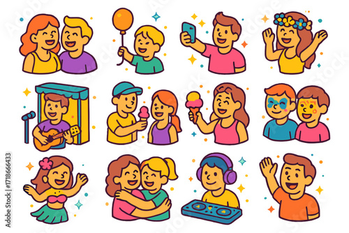 Festival Smiles Icons. Colorful isometric vector icons set of smiling faces at a summer festival: laughing couple, child with balloon, friends taking selfies,