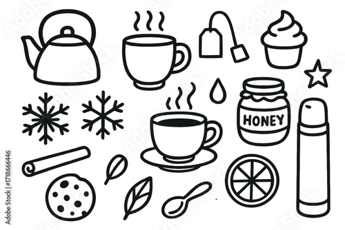 Cozy Beverage Icons. Hand-drawn doodle illustration warming drinks kettle, steaming mug, teabag, coffee cup, honey jar, lemon slice, cinnamon stick, cookie,