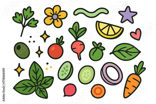 Whimsical Food Doodle. Fine dining. Colorful Hand-drawn doodle Children illustration parsley, edible flower, drizzle sauce, basil