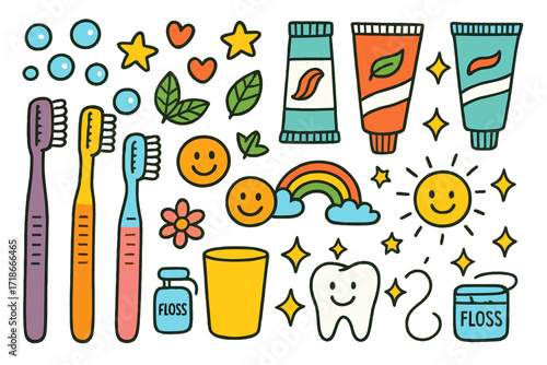 Colorful Oral Hygiene Icons. Colorful Hand-drawn doodle Children illustration Colorful Toothbrush Collection toothbrushes, toothpaste tubes, bubbles, stars,