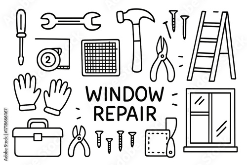 Window Repair Tools. Hand-drawn doodle illustration Window repair tools [screwdriver, wrench, hammer, pliers, nails, screen mesh, tape measure, ladder, gloves,