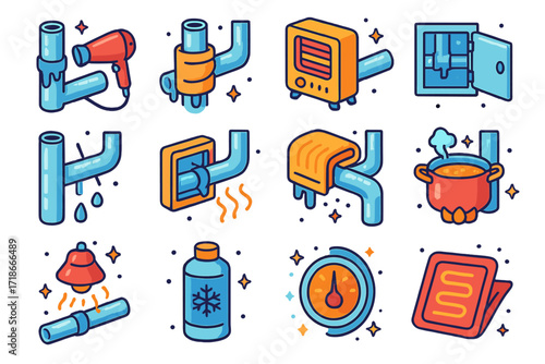 Thawing Pipes Isometric Icons. Colorful isometric vector icons set of thawing frozen pipes: hair dryer on pipe, warm towel wrap, space heater, open pipe access