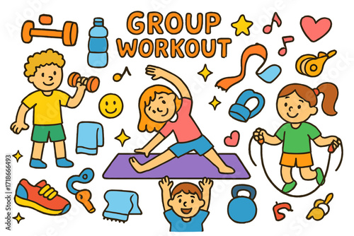Colorful Fitness Doodle. Colorful Hand-drawn doodle Children illustration Group workout session yoga mat, dumbbell, water bottle, jump rope,