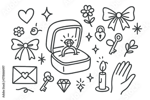 Engagement Ring Doodle. Hand-drawn doodle illustration Engagement ring box [ring, box, heart, sparkle, flower, ribbon, bow, star, swirl, envelope, key, lock,
