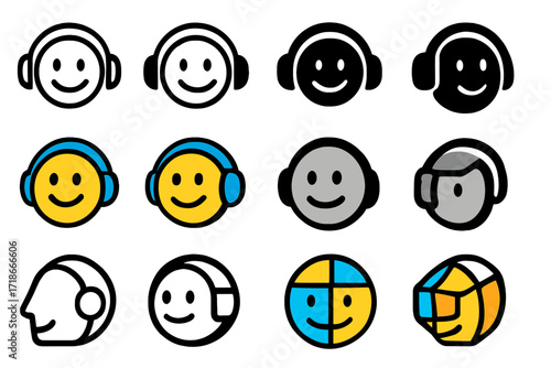 Zumba Fun Logos. Set Logo of Zumba Fun: Smiling face with headphones. Logo set in vector style, emblematic variations. line, bold thick line, solid black