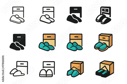 Slipper Logo Designs. Set Logo of Slippers by the Bedside: Leather House Slippers. Logo set in vector style, emblematic variations. line, bold thick line,