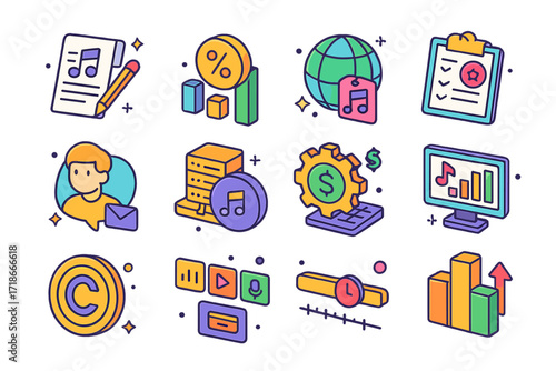 Music Licensing Icons Set. Colorful isometric vector icons set of export and licensing of music: contract document, royalty