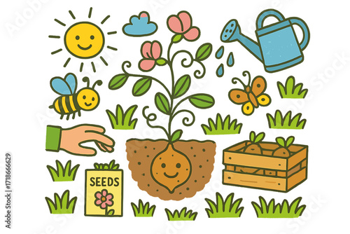??????????? ??????????? ???????. Colorful Hand-drawn doodle Children illustration Earthnut Pea plant, pink flowers, tendril, underground tuber, bee, watering