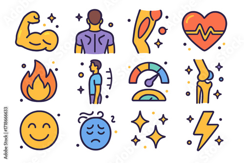 Rowing Benefits Icons. Colorful isometric vector icons set of full-body rowing benefits: toned arms icon, strengthened back icon, leg muscle highlight, cardio