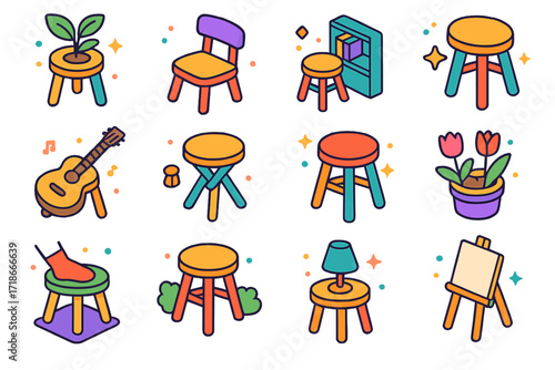 Versatile Stools Icons. Colorful isometric vector icons set of milking stool uses beyond the barn: plant stand, child’s seat, step