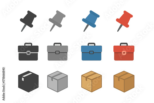 Icon Variations Grid. Three rows: each row shows one object in 4 variations. All icons equally spaced in a 3×4 grid (4 per row).