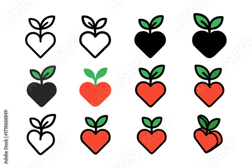 Heart Plant Logos. Set Logo of Growth Together: Heart Sprouting Plant. Logo set in vector style, emblematic variations. line, bold thick line, solid black