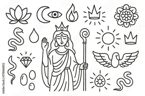 Divine Symbol Doodle. Hand-drawn doodle illustration Goddess symbolism lotus, crescent moon, third eye, flame, water droplet, wings, sun disc, staff, crown,