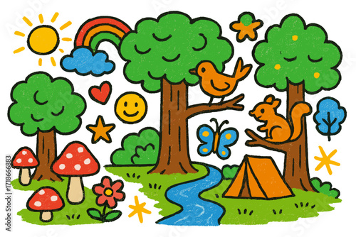 Colorful Forest Doodle. Colorful Hand-drawn doodle Children illustration Massive Forest [giant trees, mushrooms, bird, squirrel, rainbow, star, heart, spark,