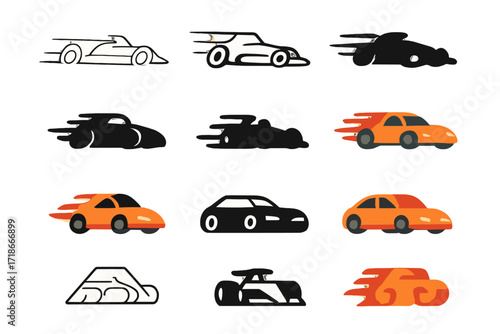 Dynamic Race Car Logos. Set Logo of Fast-Paced Sports: race car with motion trails. Logo set in vector style, emblematic variations. line, bold thick line,