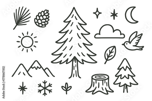 Pine Tree Doodle Art. Hand-drawn doodle illustration Pine Tree [pine tree, pine needles, pine cone, branch, forest outline, mountain, sun, cloud, bird, star,