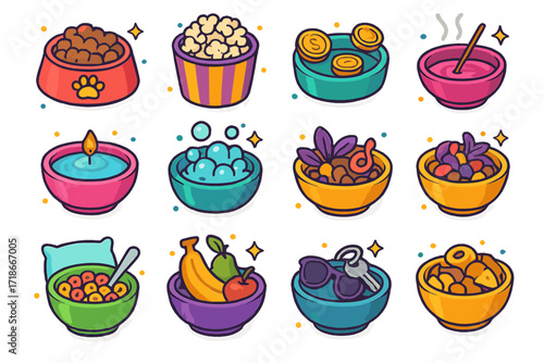Colorful Isometric Bowl Icons. Colorful isometric vector icons set of bowls in daily use: pet food bowl, popcorn movie bowl, coin catch-all bowl, incense bowl,