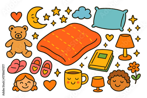 Cozy Nighttime Doodle. Colorful Hand-drawn doodle Children illustration Warm and Cozy blanket, pillow, bed, teddy bear, slippers, lamp, moon, stars, cloud,