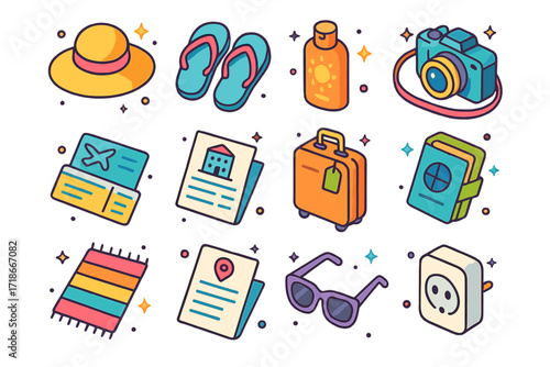 Summer Vacation Essentials. Colorful isometric vector icons set of summer vacation prep: beach hat, flip-flops, sunscreen bottle, camera strap, boarding pass,