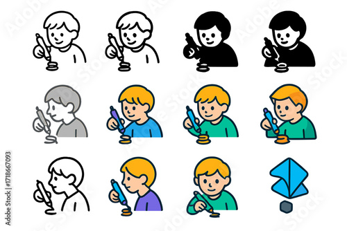 3D Pen Logo Grid. Set Logo of Young artists: Kid with 3D printing pen. Logo set in vector style, emblematic variations. line, bold thick line, solid black