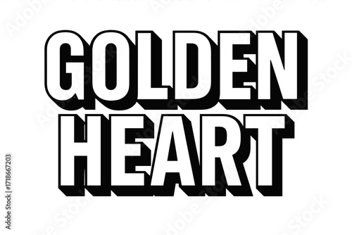 Golden Heart Typography. Golden Heart ? Bold Block Lettering, stacked uppercase with thick geometric outlines and strong drop shadows, bold radiant presence,