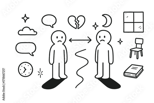 Emotional Distance Doodle. Hand-drawn doodle illustration Emotional distance [two figures, heart, broken heart, arrow, empty chat bubble, star, cloud, moon,