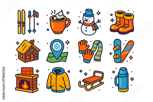 Winter Vacation Icons. Colorful isometric vector icons set of Winter vacation planning: ski equipment, hot chocolate, snowman, winter boots, mountain lodge,