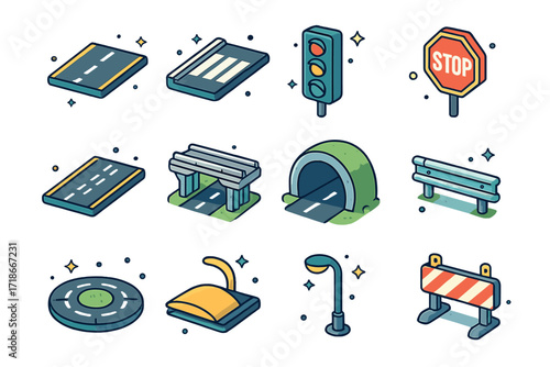 Colorful Road Icons. Road. Colorful isometric vector icons set of road: asphalt road, crosswalk, traffic light, stop sign, highway, overpass bridge, tunnel