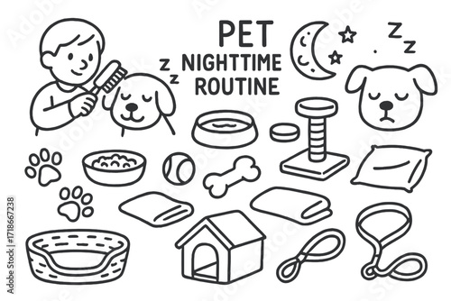 Pet Nighttime Routine Icons. Hand-drawn doodle illustration pet nighttime routine brushing pet, water bowl, food dish, toy ball, chew bone, scratching post,