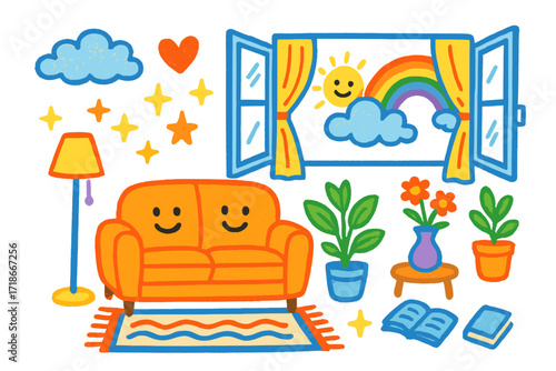 Cheerful Living Room Doodle. Colorful Hand-drawn doodle Children illustration Bright and Airy Living open window, curtains, sofa, rainbow, sun, cloud, lamp,
