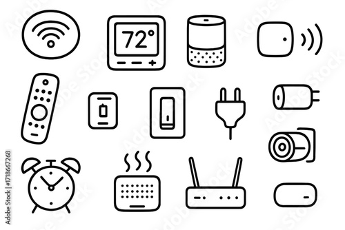 Home Device Icons. Home Devices. Hand-drawn doodle illustration smoke detector, thermostat, smart speaker, remote control, light switch, battery, plug, alarm