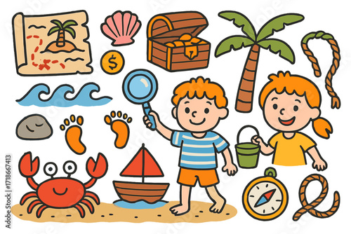 Children's Treasure Hunt. Colorful Hand-drawn doodle Children illustration Shore treasure hunt treasure map, shell, chest, coin, magnifying glass, palm tree,