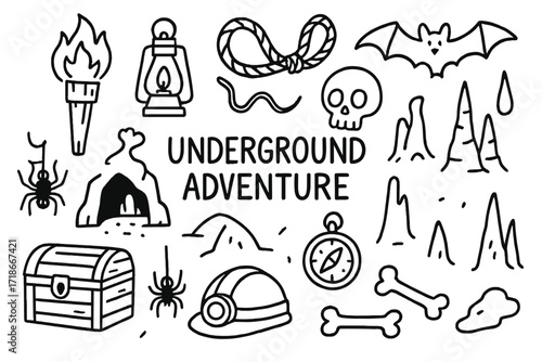 Underground Adventure Essentials. Underground adventure. Hand-drawn doodle illustration underground adventure torch, lantern, rope