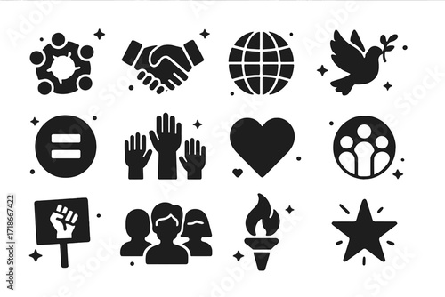 Unity Icons Grid. Unity. Solid icons set of circle of people, handshake, globe, peace dove, equality symbol, raised hands, heart, inclusive community, protest