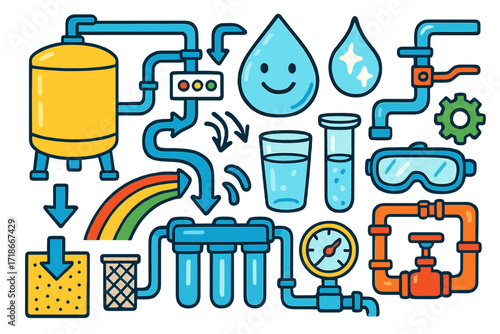 Colorful Water Purification Doodle. Colorful Hand-drawn doodle Children illustration Water purification system filter tank, water flow, sparkly droplet,