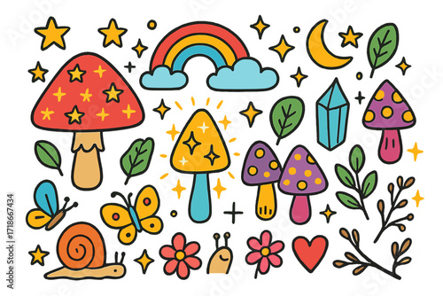 Magical Mushroom Wonderland. Colorful Hand-drawn doodle Children illustration Magic mushrooms [colorful toadstool, sparkling mushroom, stars, moon, rainbow,