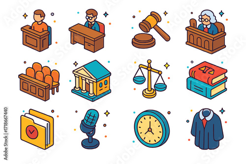 Isometric Justice Icons. Trial. Colorful isometric vector icons set of trial: witness stand, lawyer table, gavel, judge?s bench, jury seats, courthouse, scales
