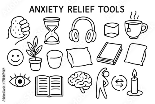 Anxiety Relief Tools. Hand-drawn doodle illustration Anxiety relief tools [stress ball, timer, headphones, tea cup, plant, pillow, book, smile icon, eye,