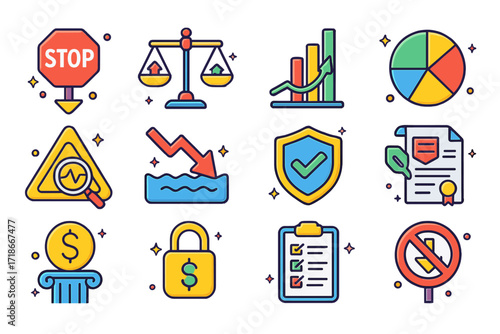 Risk Strategy Icons. Colorful isometric vector icons set of risk management strategies: stop-loss order, risk-reward ratio scale, position sizing graph,