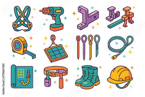 Solar Installation Icons Set. Colorful isometric vector icons set of solar panel installation tools: roof harness, drill driver,