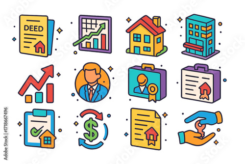 Colorful Real Estate Icons. Colorful isometric vector icons set of real estate investment concepts: property deed, investment chart, rental house, commercial