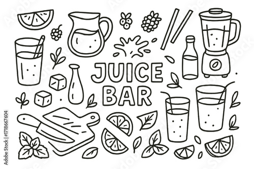 Juice Bar Doodle. Hand-drawn doodle illustration Juice bar, glasses of juice, straws, blender, pitcher, fruit slices, berries, leaves, ice cubes, citrus