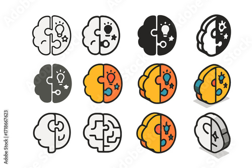 Creative Brain Logos. Set Logo of Neuropsychology of creativity and problem-solving: Creative brain hemisphere. Logo set in vector style, emblematic
