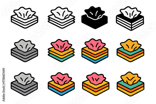 Colorful Tissue Flowers Logo. Set Logo of Kids Making Tissue Paper Flowers: Pile of multicolored tissue layers. Logo set in vector style, emblematic