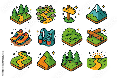Trail Running Icons. Colorful isometric vector icons set of trail running and nature routes: forest path, rocky trail, wooden signpost, mountain ridge, dirt